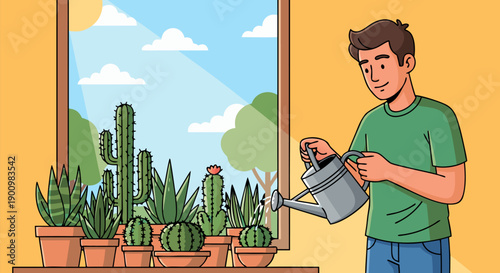 Gardening at Home A Vector Illustration of a Man Watering Plants on a Windowsill