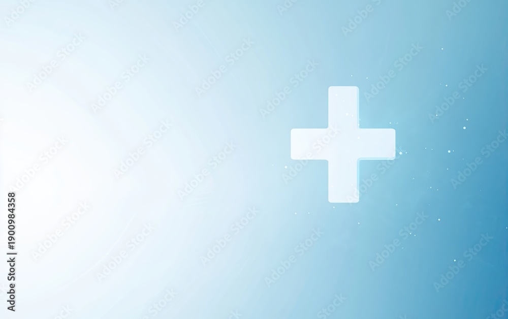 Obraz premium Soft glowing white Christian cross symbol floating on light blue watercolor wash with subtle bokeh light particles.
