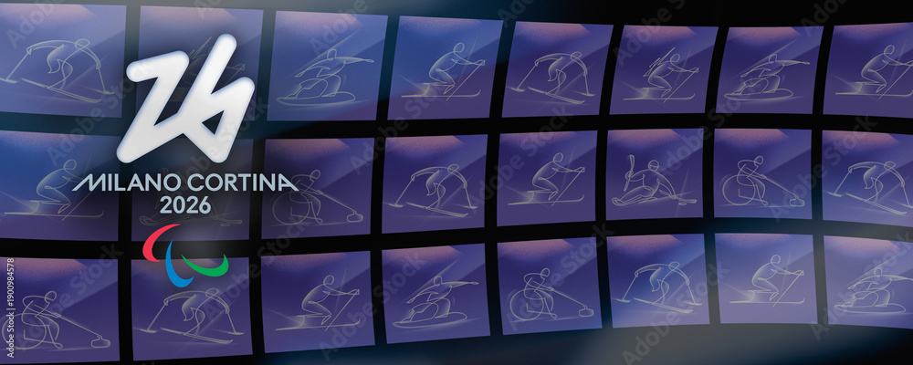 Fototapeta premium MILAN, ITALY, FEBRUARY 4 2026. Official logo of Milano Cortina 2026 Winter Paralympic Games and Agitos symbol over a background grid featuring white line art pictograms of all winter paralympic sports