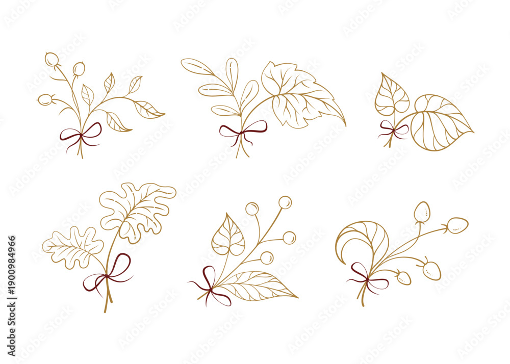 Fototapeta premium Hand drawn winter botanical branches with bows. Minimal line foliage elements