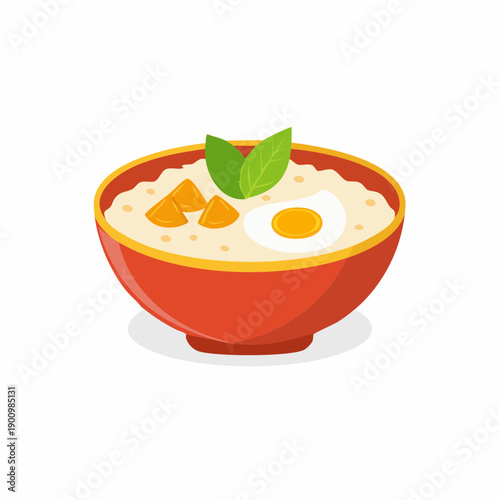 Cartoon Style Bowl of Rice Porridge with Egg and Pumpkin Garnish Illustration