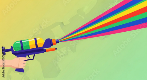 Colorful Water Gun Shooting Rainbow Water Streams on Green Background