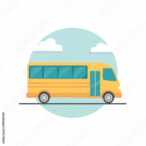 Yellow School Bus Illustration with Clouds on a Light Blue Background for Transportation and Education