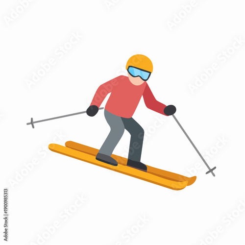 Cartoon Skier Downhill on Snow, Flat Vector Illustration of Man Skiing, Winter Sport Activity