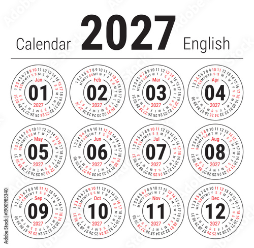 Calendar 2027. Vector English round calender