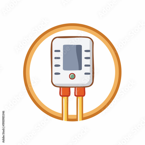 Cartoon water heater illustration with pipes in golden circle frame on a white background