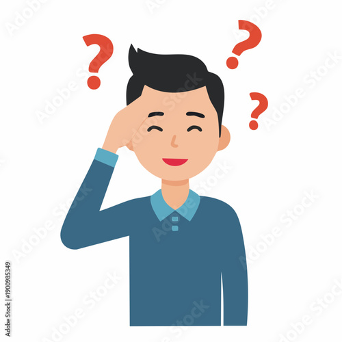 Cartoon man thinking with question marks around his head Concept of thoughtful, confused or wondering person with doubts