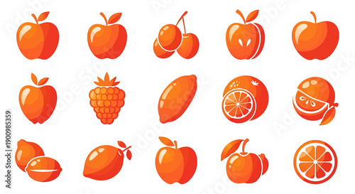 Collection of orange fruits and berries icons on white background.