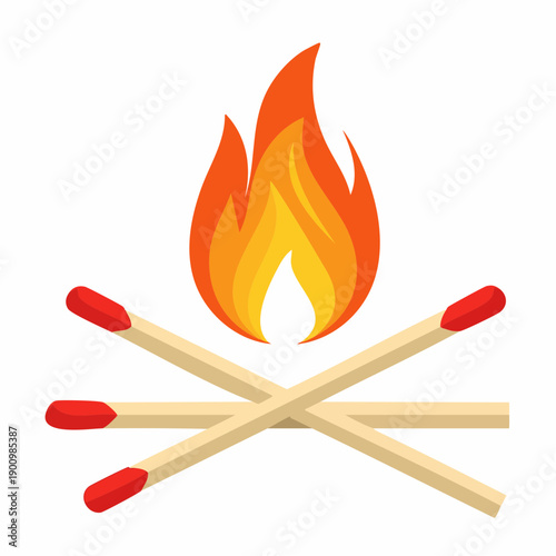 A Blaze Ignites: Campfire Illustration with Crossed Matches and Vibrant Flames Representing Warmth and Outdoor Adventure