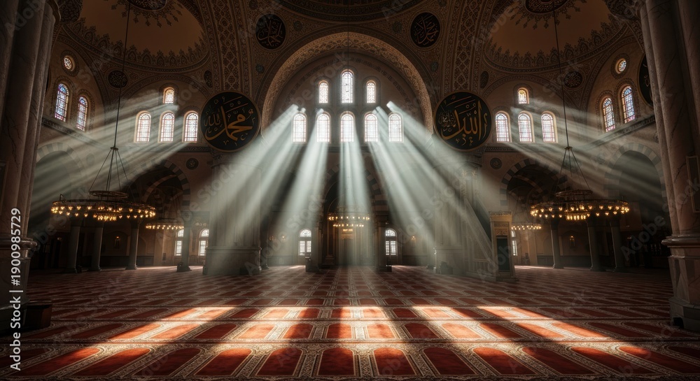 Fototapeta premium Sunlight streaming through windows in a grand mosque interior.