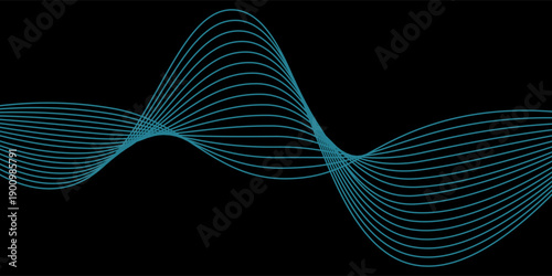 Abstract blue wavy lines of the sound wave. Dynamic gradient pulsating wave. Musical neon concept, symbols of the frequency of digital music. Vector illustration on a black background