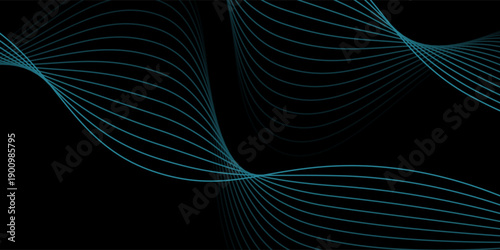 Abstract blue wavy lines of the sound wave. Dynamic gradient pulsating wave. Musical neon concept, symbols of the frequency of digital music. Vector illustration on a black background