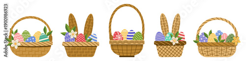 Baskets with Easter eggs. Wicker basket with painted colorful eggs, flowers and green leaves vector illustration set. Egg hunt Easter party design elements