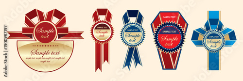 Set of luxury award ribbons in red and blue colors with gold metallic seals and decorative sample text for premium product packaging or excellence certificate honors