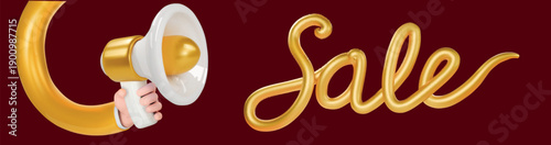 3d megaphone speaker or loudspeaker for announce promotion in background, megaphone loud hailer with sale word. Speakerphone in a hand 3d icon vector render illustration