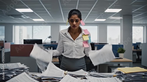 A stressed business woman surrounded by flying papers in a chaotic office environment video