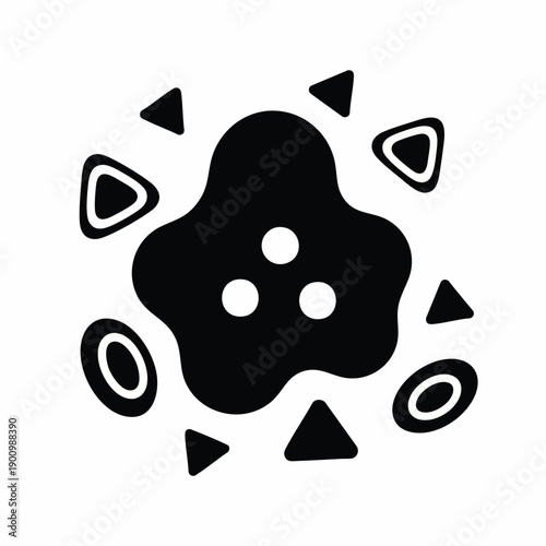 Abstract black and white microbe or virus icon symbolizing contamination, disease, or cellular biology concept. Minimalist graphic for science