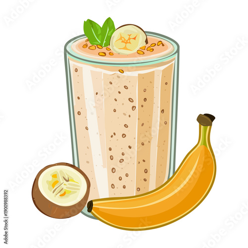 Healthy banana and avocado smoothie drink in a tall glass served with fresh fruit slices for breakfast - Vector Illustration