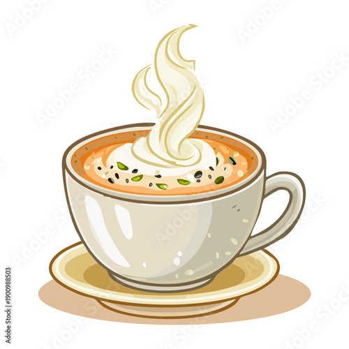 Hot cappuccino cup with thick white steamed foam swirl and saucer for a cozy morning coffee break - Vector Illustration