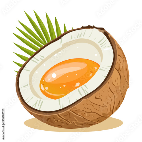 Coconut half with orange yolk garnish for tropical breakfast food concept - Vector Illustration