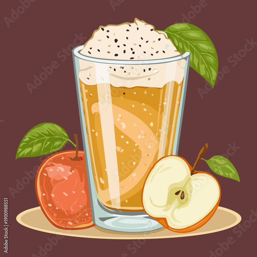Tall glass of apple smoothie with whipped cream and fruit garnish - Vector Illustration