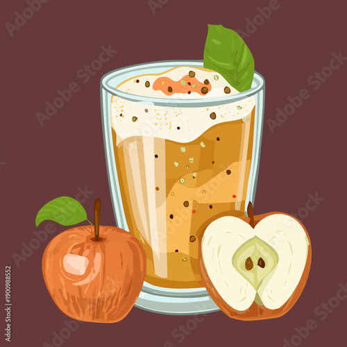 Apple and orange mixed juice with fresh fruit slices in glass - Vector Illustration