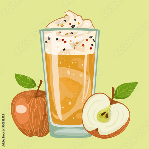 Tall glass of orange shake with whipped cream and fruit garnish - Vector Illustration