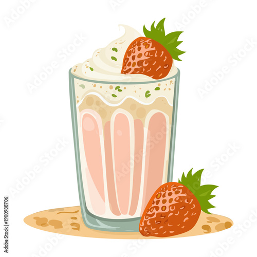Creamy strawberry smoothie with whipped cream and berry garnish in glass - Vector Illustration