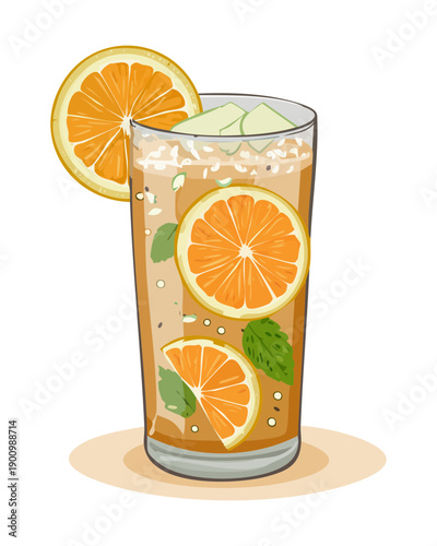 Refreshing orange iced tea with mint leaves and ice in glass - Vector Illustration
