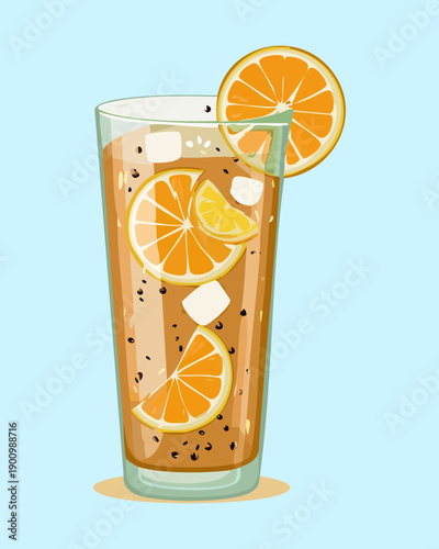 Tall glass of iced fruit tea with orange and lemon slices - Vector Illustration