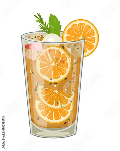 Iced tea with orange slices and fresh mint in tall glass - Vector Illustration