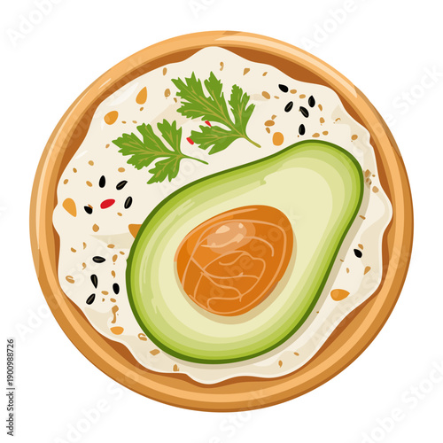 Healthy avocado bowl with egg and fresh green herb garnish decoration - Vector Illustration