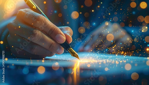 Hand holding fountain pen writing on paper with glowing bokeh lights