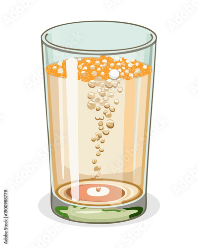 Tall glass of yellow fizzy beverage with bubbles and ice cubes - Vector Illustration
