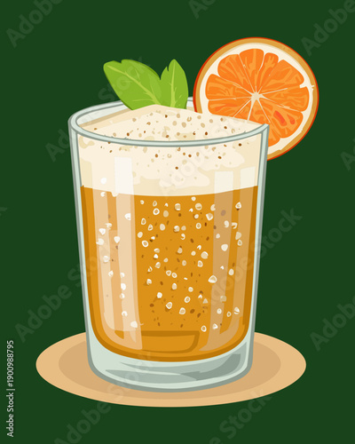 Glass of orange soda with bubbles and fresh mint leaf garnish - Vector Illustration