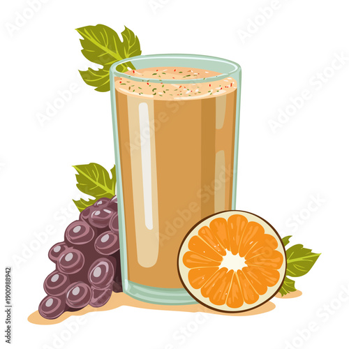 Freshly squeezed orange juice with grapes and green leaves in a tall glass - Vector Illustration