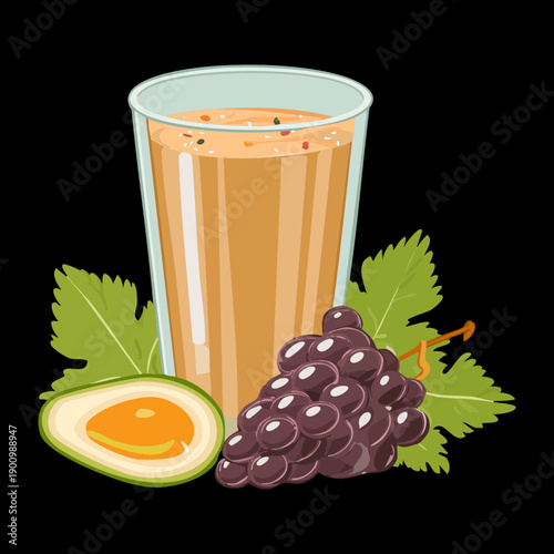 Orange and grape mix juice with fresh fruit garnish in a tall glass - Vector Illustration
