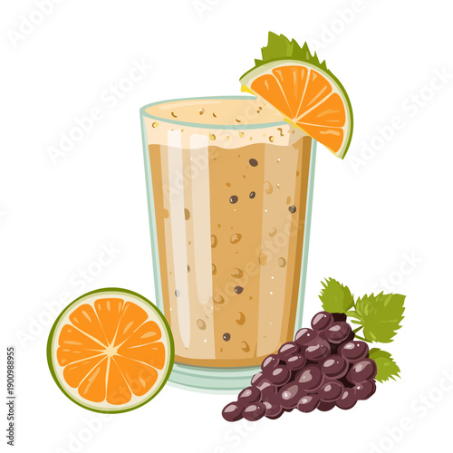 Tall glass of orange juice with fresh grapes and citrus garnish on side - Vector Illustration