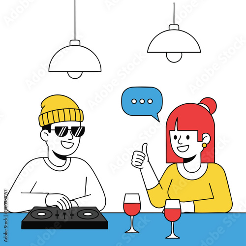 DJ and friend enjoying drinks and conversation at a bar, with a chat bubble symbolizing communication and approval.