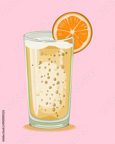 Tall Glass Of Bubbling Refreshing Drink With Orange Slice On Pink Surface For Summer Party Design - Vector Illustration