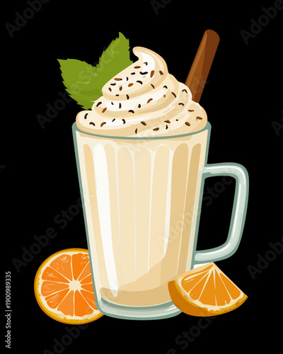 Tall Glass Of Whipped Cream Milkshake With Cinnamon Stick For Sweet Treat Cafe Concept Art Design - Vector Illustration