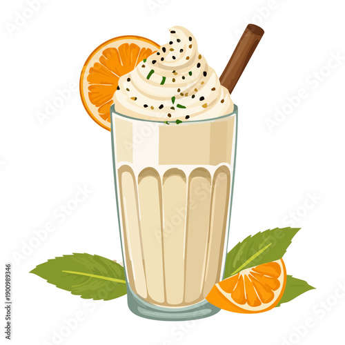 Delicious Milkshake With Whipped Cream Cinnamon Sticks And Orange Slice For Gourmet Cafe Beverage Design Art - Vector Illustration
