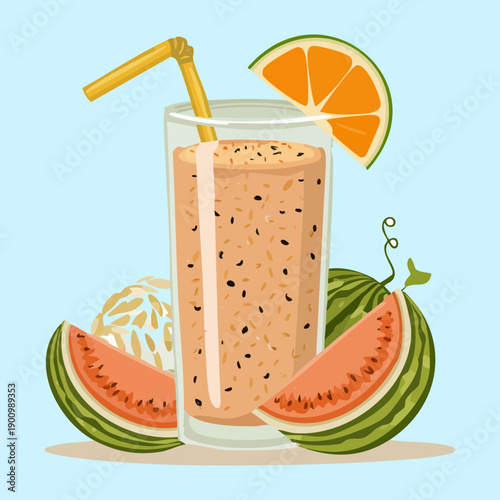 Tall Glass Of Fruit Smoothie With Straw And Sliced Watermelon For Refreshing Summer Beverage Design Art - Vector Illustration