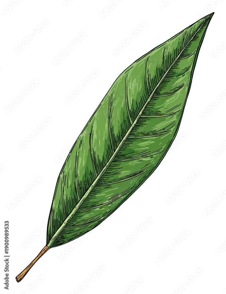 Obraz premium Digitally painted elongated green leaf, showing veins and a brown stem, on black background