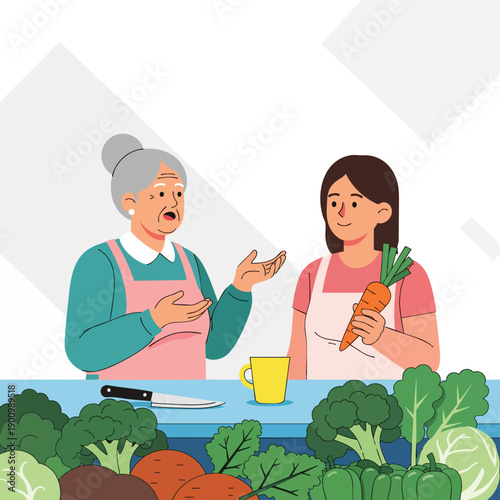 Grandmother and granddaughter preparing healthy food in the kitchen with fresh vegetables.