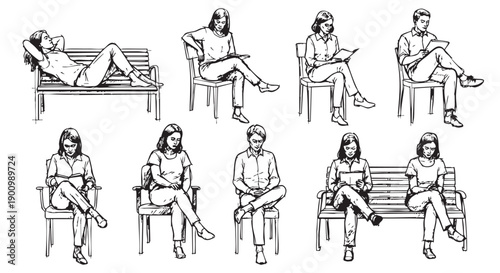 Hand-drawn illustration features diverse people relaxing, sitting on chairs or benches, and reading books or tablets in a simple, artistic style.