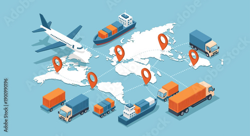 Global Logistics Network with World Map and Various Transport Modes.