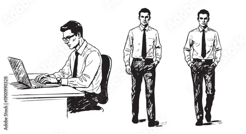 Vector line art shows a businessman working at his laptop, and standing hands-in-pockets, on a white backdrop, conveying business, office work, and professional concepts.