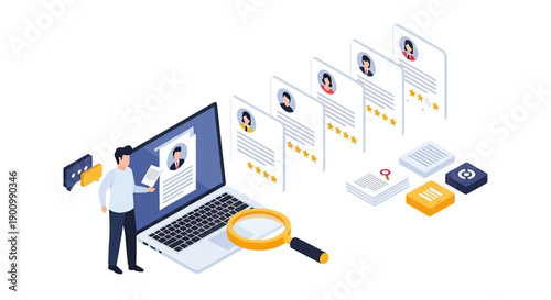 Isometric illustration of a man reviewing resumes on a laptop, symbolizing job search and recruitment processes.