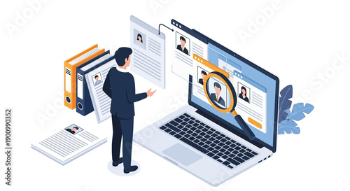 Isometric illustration of a man reviewing job applications on a laptop.